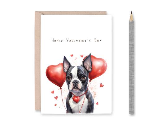 Boston Terrier Dog Valentine Card with Red Heart Balloons